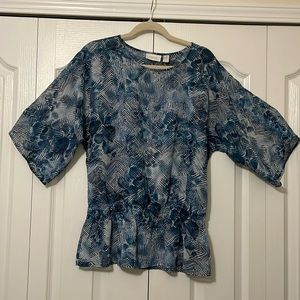 Ladies Blue Chico’s Size 1 Sheer Top with Elastic and Peplum Waist, 3/4 Sleeves